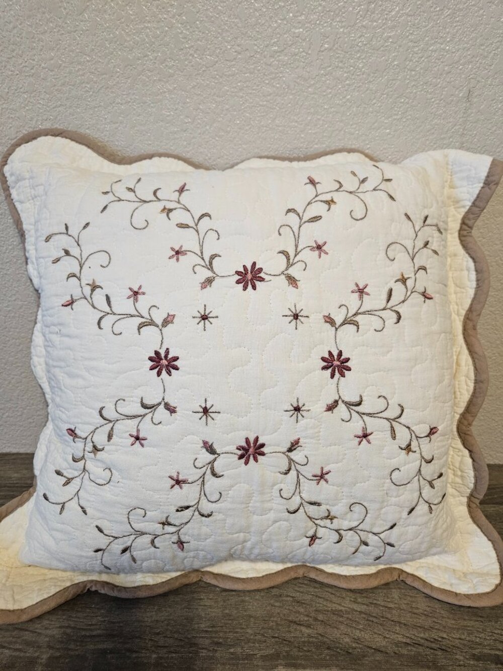 Home Classic Amelia Quilted Decorative Floral Embroidery Pillow w/Scallop Border